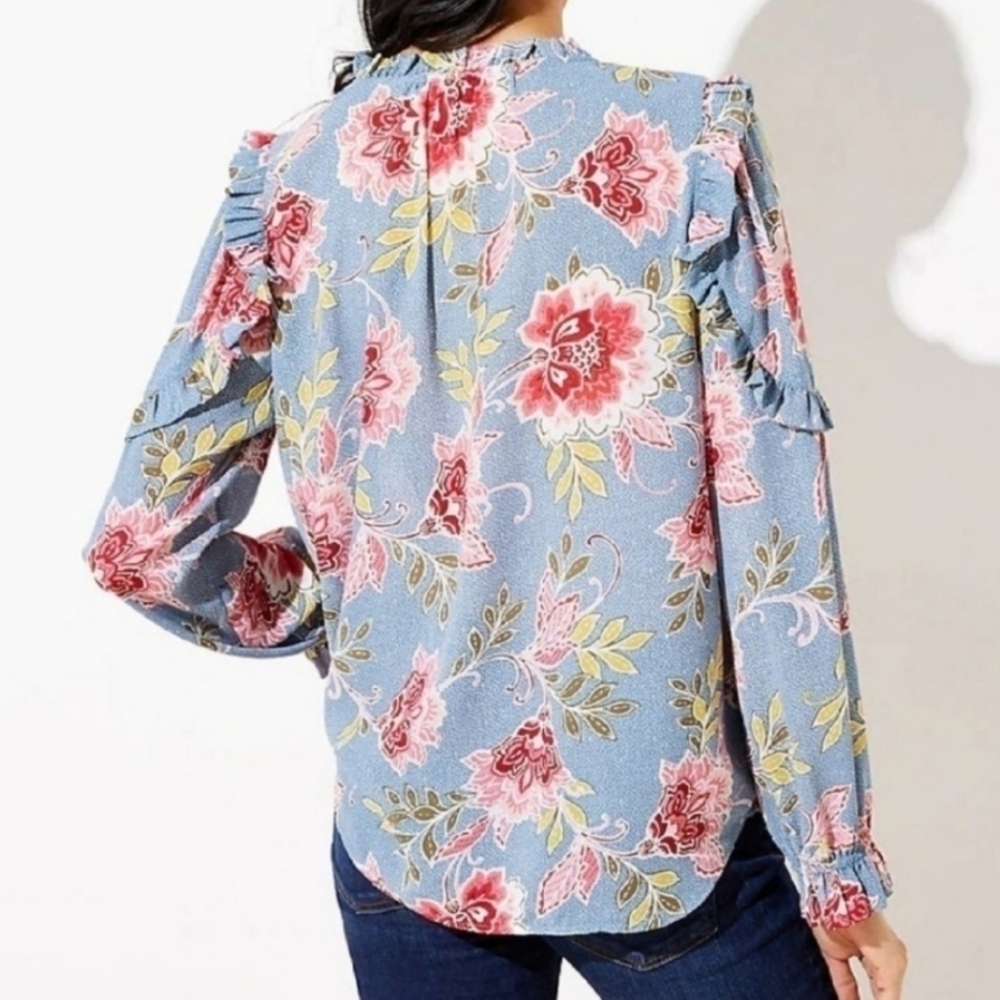 LOFT Blue and Red Floral Blouse - Picture 9 of 9